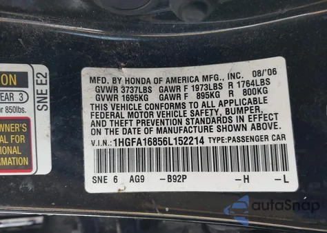 2006 Honda Civic Ex из США, поврежденный, VIN 1HGFA16856L152214